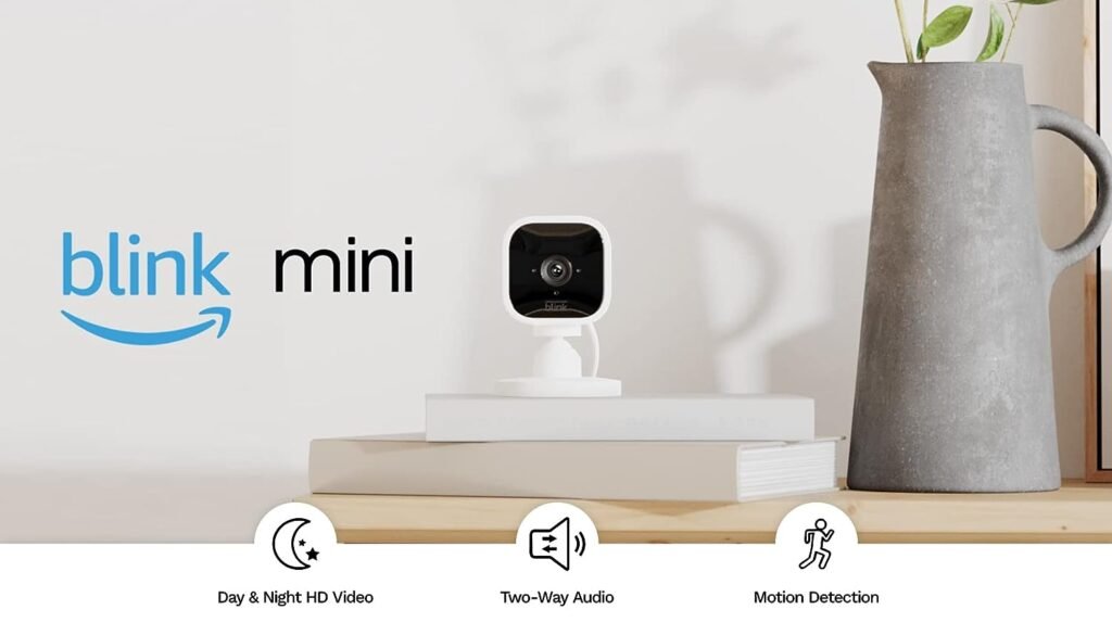 Blink Mini – Compact indoor plug-in smart security camera, 1080p HD video, night vision, motion detection, two-way audio, easy set up, Works with Alexa – 3 cameras (White)