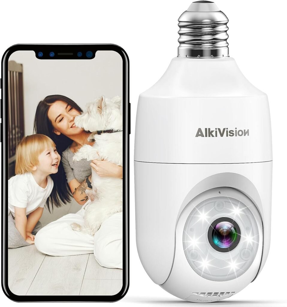 Alkivision 2K Light Bulb Security Cameras Wireless Outdoor - 2.4G Hz 360° Motion Detection Cameras for Home Security Outside Indoor, Full-Color Night Vision, Auto Tracking, Siren Alarm, 24/7 Recording
