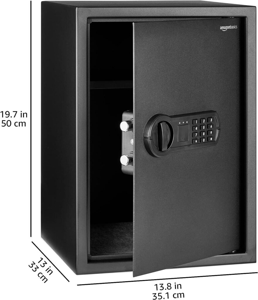 Amazon Basics Steel Home Security Safe with Programmable Keypad Lock, Secure Documents, Jewelry, Valuables, 1.8 Cubic Feet, Black, 13.8W x 13D x 19.7H