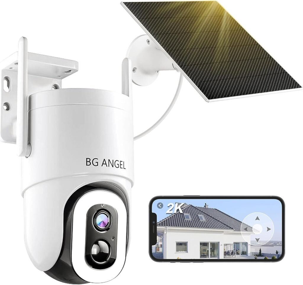 BG ANGEL Security Cameras Wireless Outdoor with Solar Panel Kit, 360° 2K Floodlight Color Night Vision, PIR Motion Detection AI Recognition, 2-Way Audio Alarm, IP66 Compatible Alexa