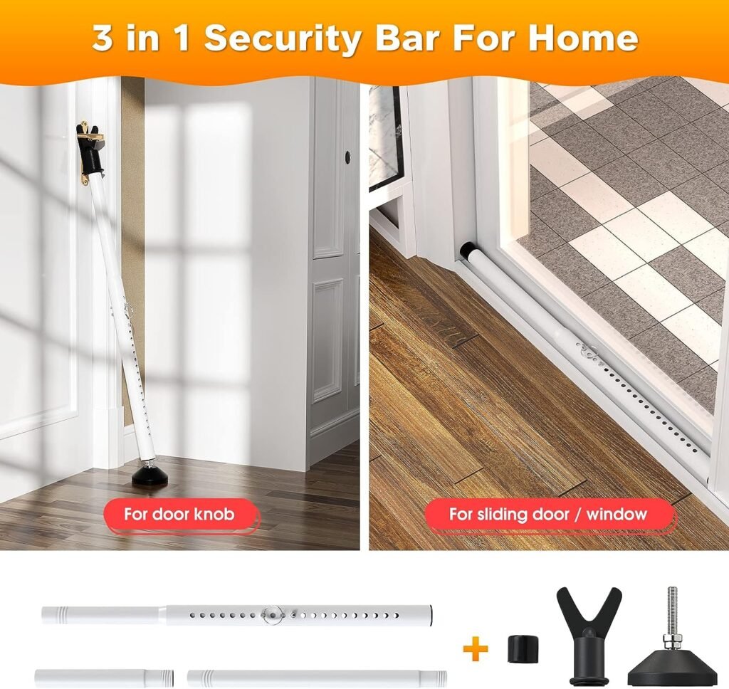 Door Security Bar for Hinged Sliding Doors and Windows, 19 to 52 Inch Adjustable 3 in 1 Door Security Portable Barricade Security Bar, Home Security Door Stopper