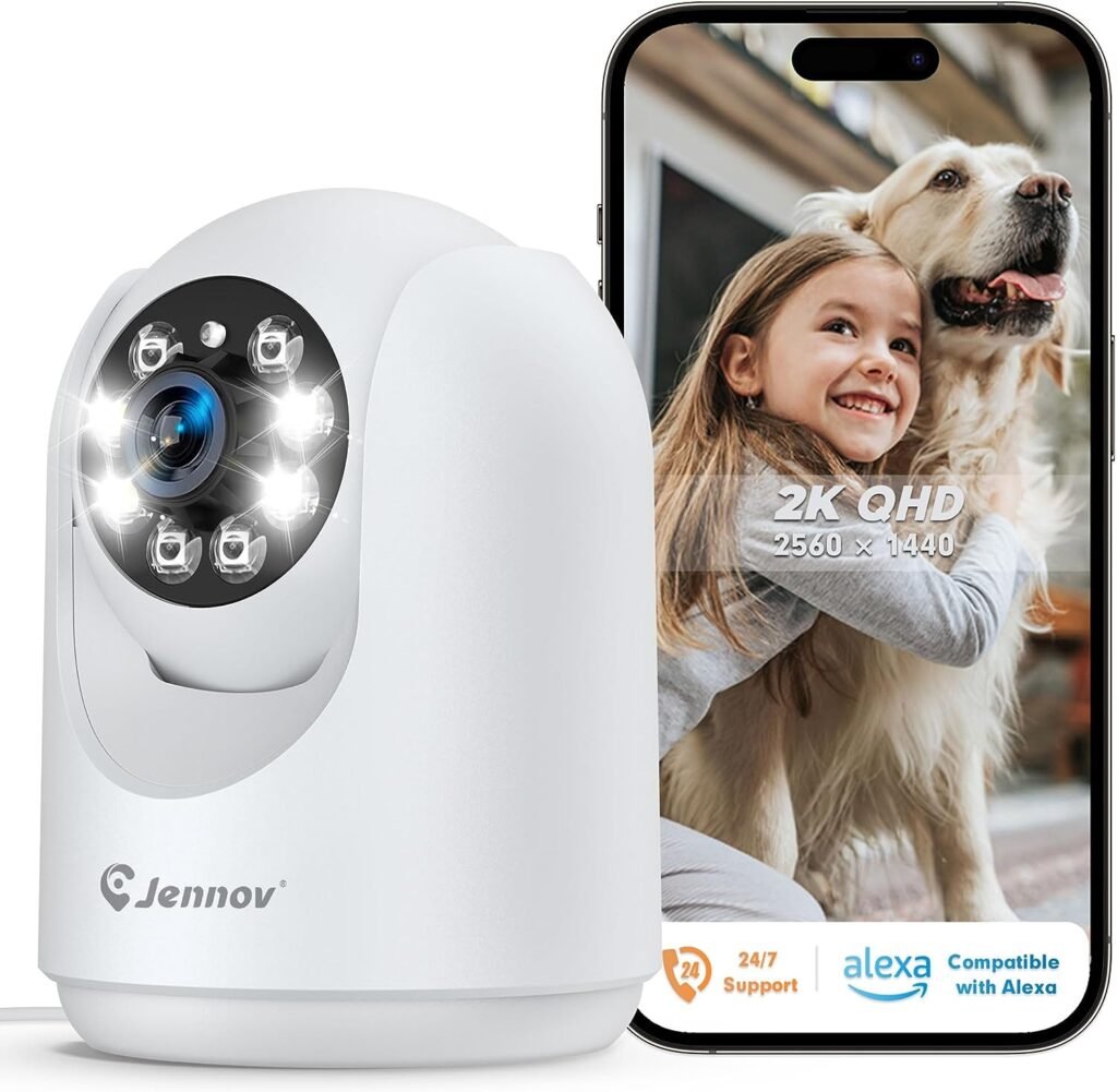 Jennov 2K Security Camera, Wireless Camera Indoor for Home Security for Baby/Pet, 2.4 GHz WiFi Pan Tilt Smart Baby Camera, Auto Tracking, Motion Detection, Color Night Vision, Compatible with Alexa