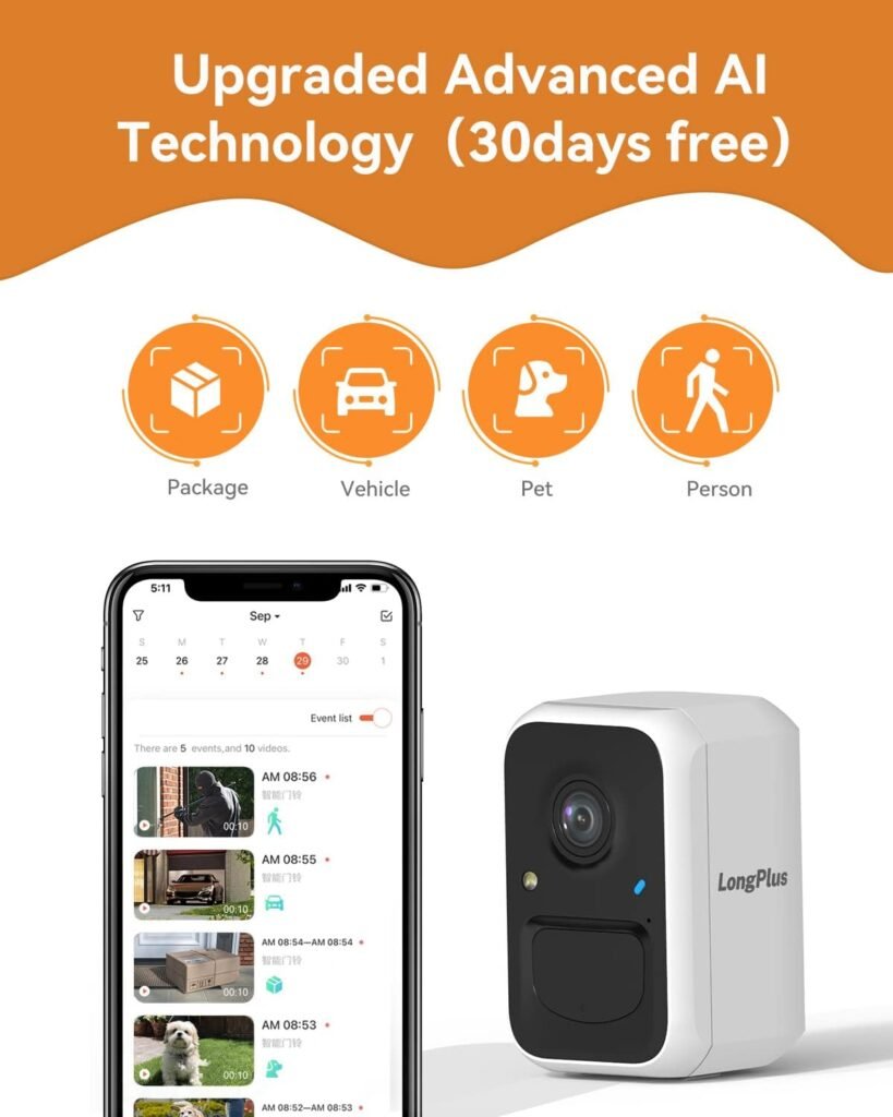 LongPlus Wireless Outdoor Security Camera, Battery Powered Cameras for Home Security Wireless WiFi with Night Vision, Motion Detection,Siren Alarm,Spotlight,2Way Audio (White 1)