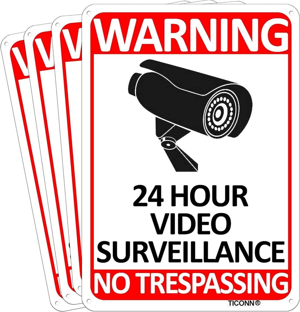 TICONN 4-Pack 24 Hour Video Surveillance Sign, No Trespassing Aluminum Warning Sign, 10’’x7’’ for CCTV Security Camera - Reflective, UV Protected