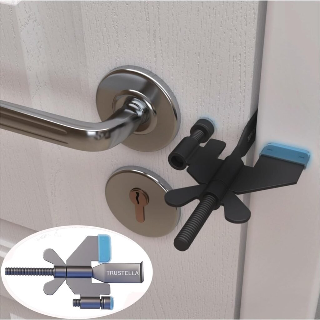 Trustella Stainless Steel Adjustable Portable Door Lock - Heavy Duty Security for Home, Hotel, Apartment, College Dorm  Travel - with Silicone Protection Caps