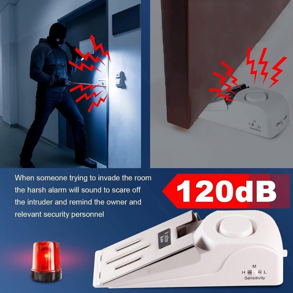 Upgraded Door Stop Alarm with Portable Lock 120 dB Travel Door Stopper Wedge Alarm with 3 Levels Sensitivity for Hotel, Home, Apartment