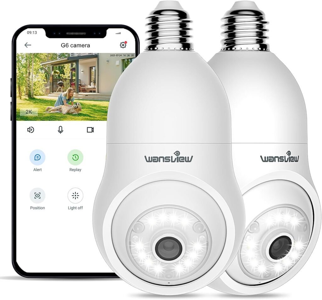 wansview Bulb Security Camera Outdoor - 2.4G WiFi Security Camera Wireless Outdoor Indoor for Home Security, 2K Color Night Vision, 360° Human Detection, 24/7 Recording, Works with Alexa (2 Pack)