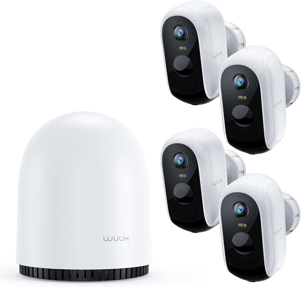 WUUK 4 Cameras for Home Security Outdoor Wireless WiFi, 2K Battery Powered Outdoor Wireless Security Camera with Base Station, No Monthly Fee, IP67, Free 32GB Local Storage, Google  Alexa Compatible