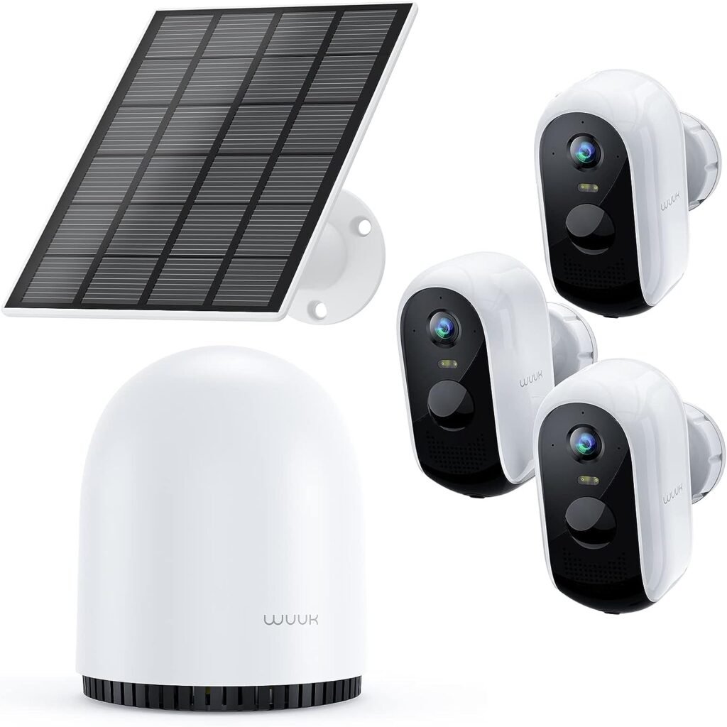 WUUK Home Security Camera System, 2pcs WiFi Security Cameras Wireless Outdoor with a 32GB Base Station + 1pcs Add-on Camera + 1pcs Solar Panel, No Monthly Fee, Works with Google Assistant  Alexa