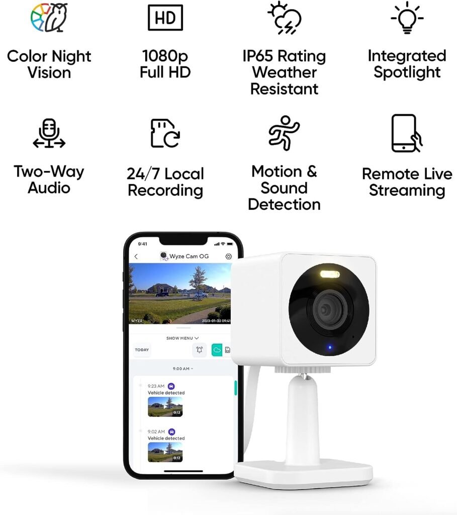 WYZE Cam OG Indoor/Outdoor 1080p WI-Fi Smart Home Security Camera with Color Night Vision, Built-in Spotlight, Motion Detection, 2-Way Audio, Compatible with Alexa  Google Assistant, White (2-Pack)