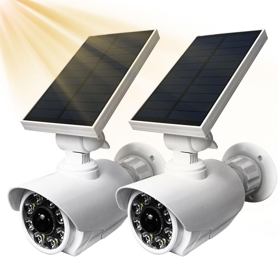 ZHXINSD 2PCS Solar Fake Camera with Motion Sensor Light - Dummy Security Camera - LED Spotlight Fake Security Camera - IP66 Waterproof for Outdoor, Wireless Flood Light for Garden Patio Pathway